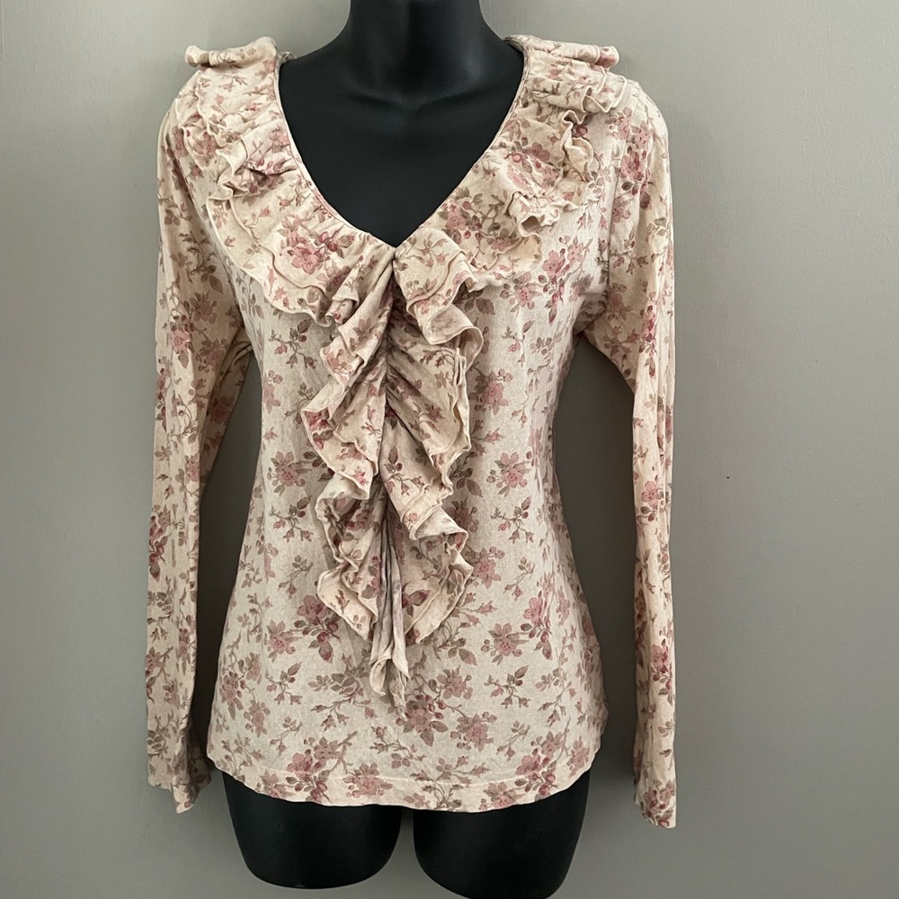 Ralph Lauren Cream Cascading Ruffle Floral Shirt